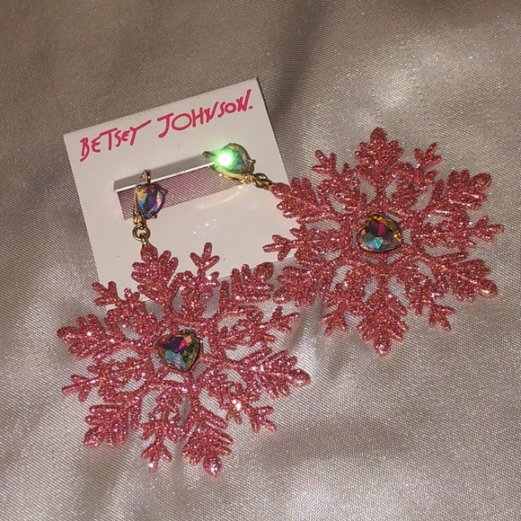 Betsey Johnson Gold Tone & Pink Glitter Snowflake Drop Earrings Crystal Accents - Picture 5 of 12
